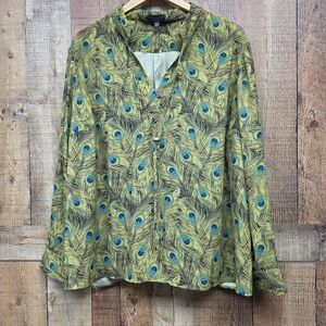 The Limited Peacock Feather Print Blouse Top V Neck Green Blue Size 2X New